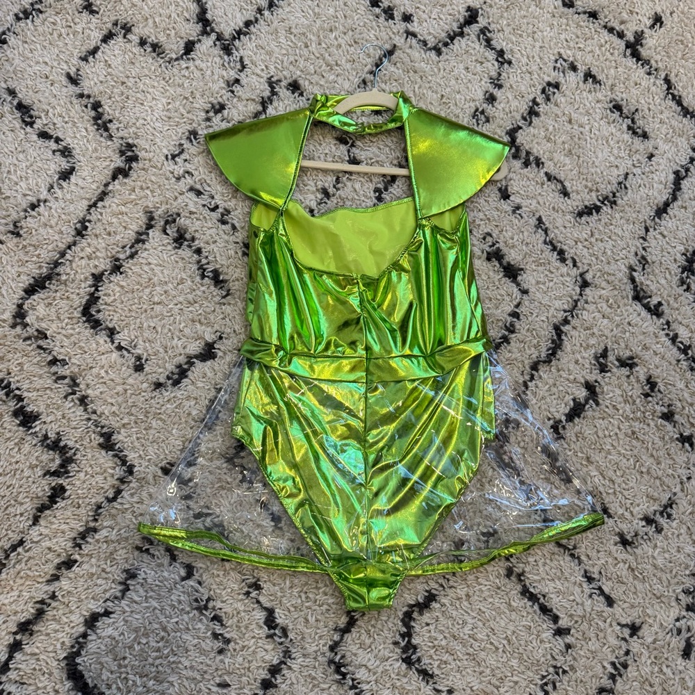 Woman Space Alien Costume Green Metallic Shiny Bodysuit with PVC Skirt Size M/L